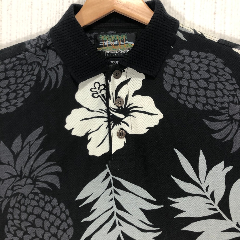 Hawaiian Reserve Collection Mens L‎ Black Aloha Pineapple Hibiscus Polo Shirt